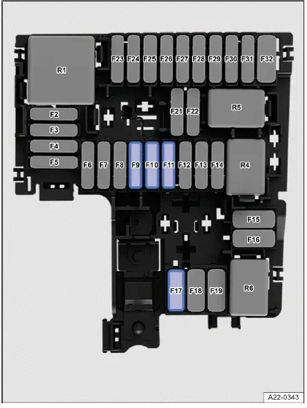 Volkswagen ID.4 - Fig. 1 In the hood space: Fuse locations.