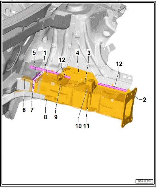Volkswagen ID.4. Assembly overview - front left longitudinal member, part section (second separating cut) 