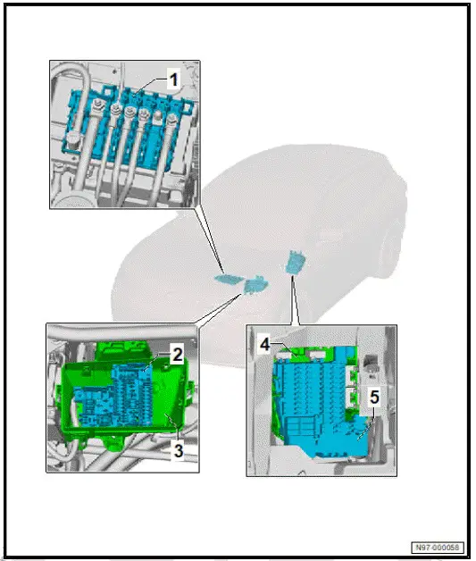 Volkswagen ID.4. Overview of fitting locations - relay carriers, fuse carriers